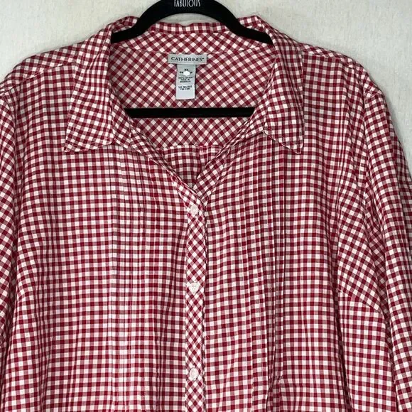 Catherines Plus Size Top Blouse Button Down 3X Red White Gingham Tabbed Sleeves - Picture 2 of 12